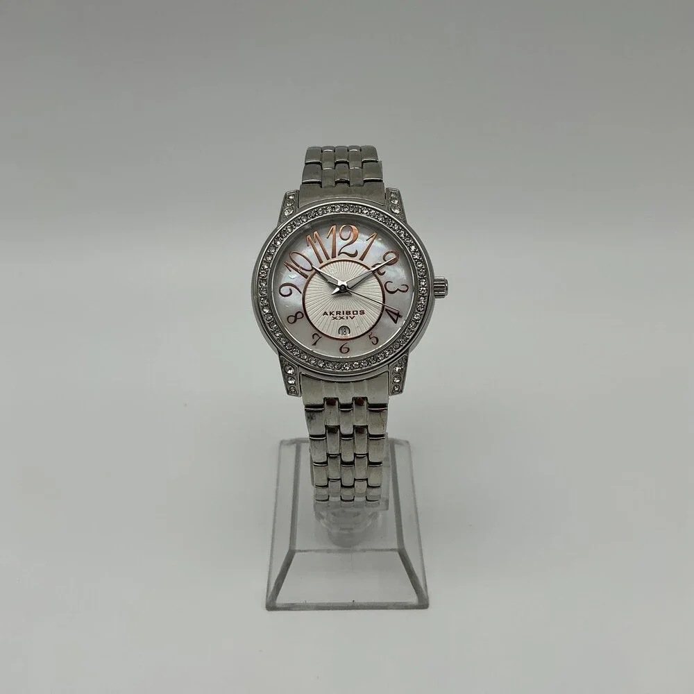 Akribos XXIV AK586SS Womens Watch 33mm White Dial Crystal Bezel New Battery 7.5